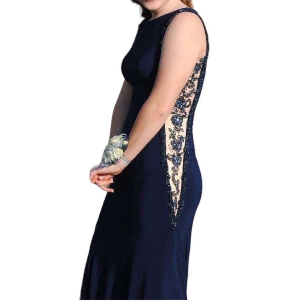 Camille La Vie Prom Formal Dress Beaded Sides Navy Blue Size 00 Petite